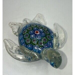 Vintage Millefiori Turtle Art Glass Paperweight Figurine Blue & Green 4.5”